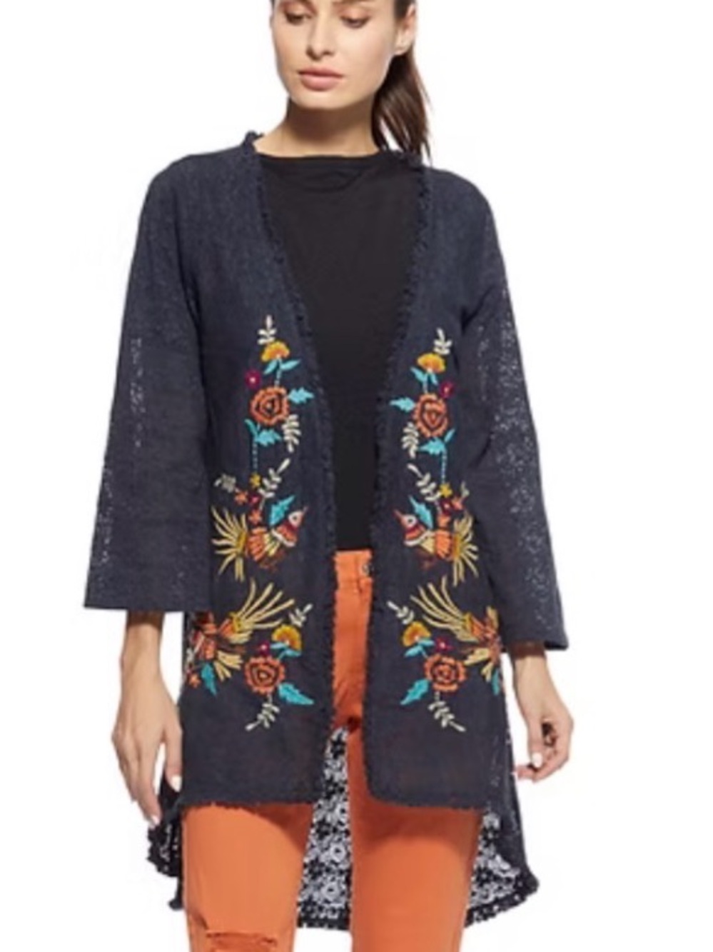 Angel + Premium Cardigan Floral Bird Embroidered Lace Boho Navy Blue Size XL
